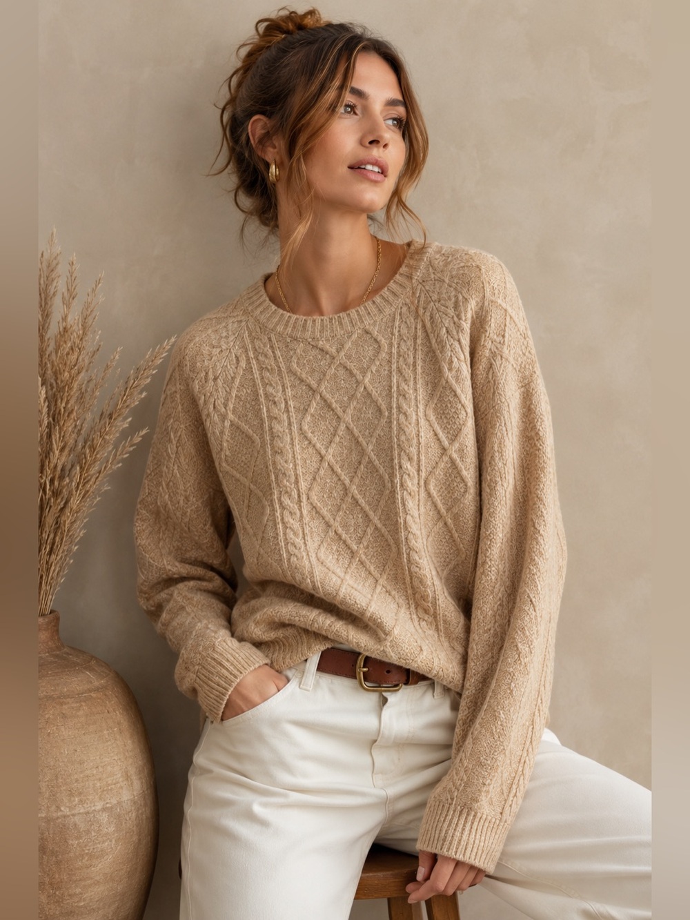 Vince Camuto Taupe Cable Knit Crewneck Sweater